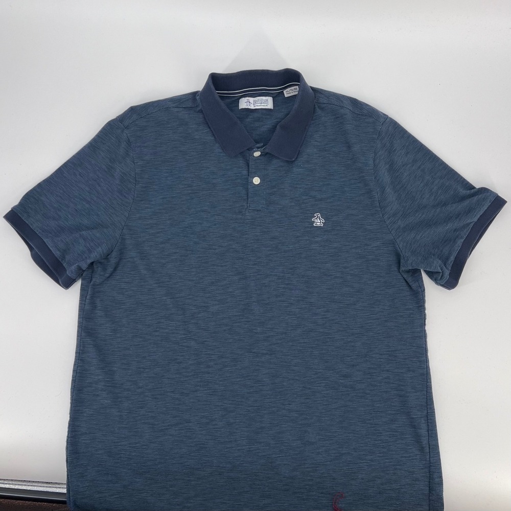 Original Penguin Munsingwear Mens XL Blue Striped Short Sleeve Polo Shirt
